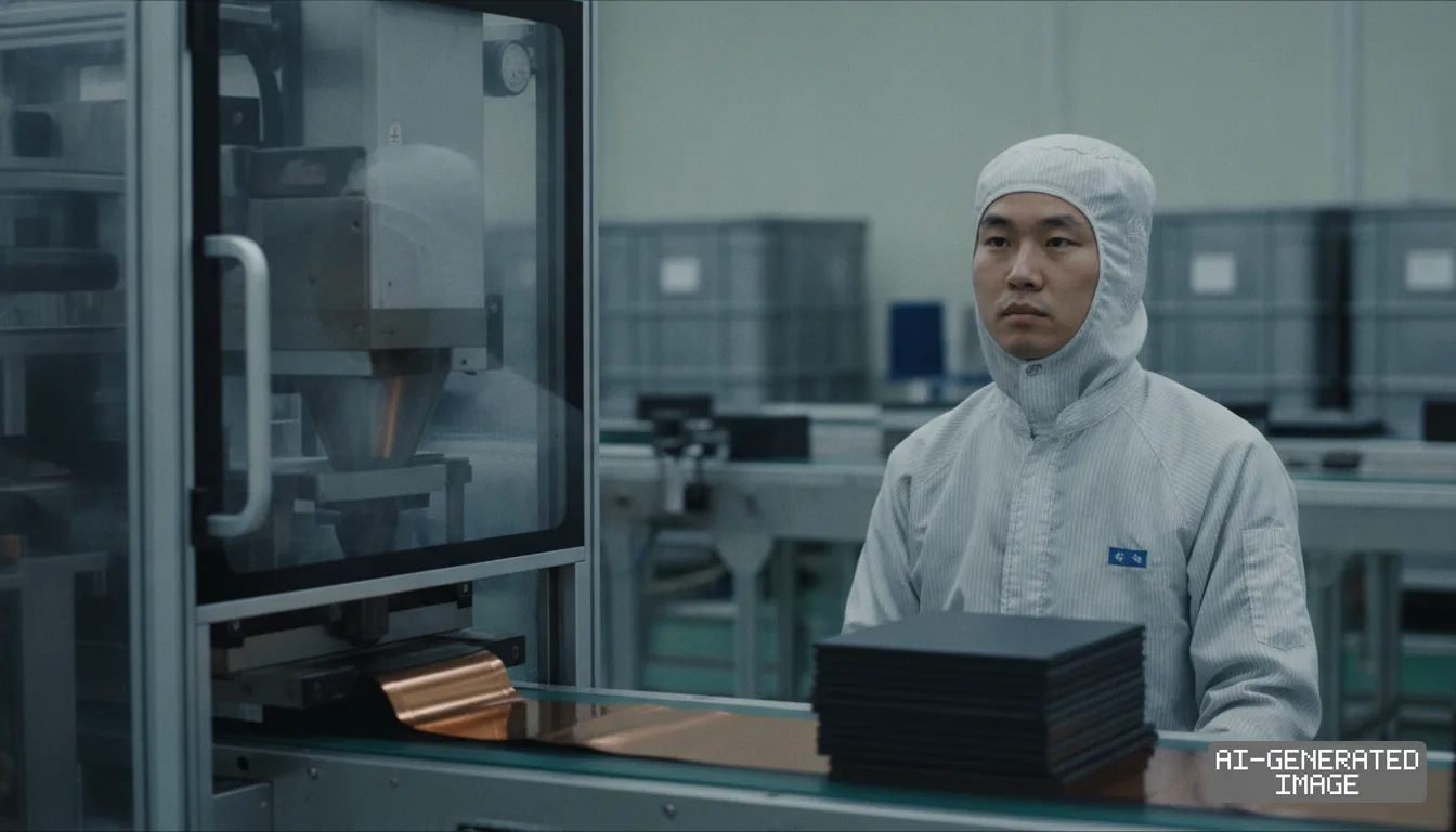 A worker wearing protective cleanroom gear stands beside automated machinery on a battery cell production line. (AI-generated image)