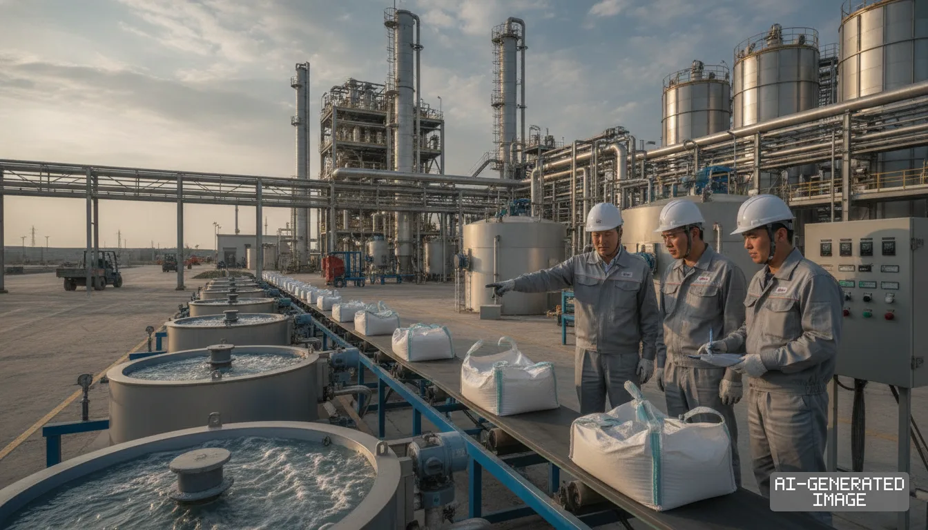 Workers inspect bags of refined material along a conveyor line at an industrial chemical processing plant. (AI-generated image)