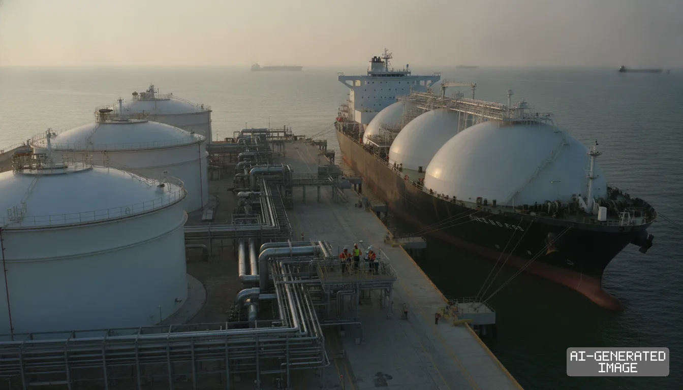 A liquefied natural gas tanker docks alongside a coastal terminal with large storage tanks and an extensive pipeline system. (AI-generated image)