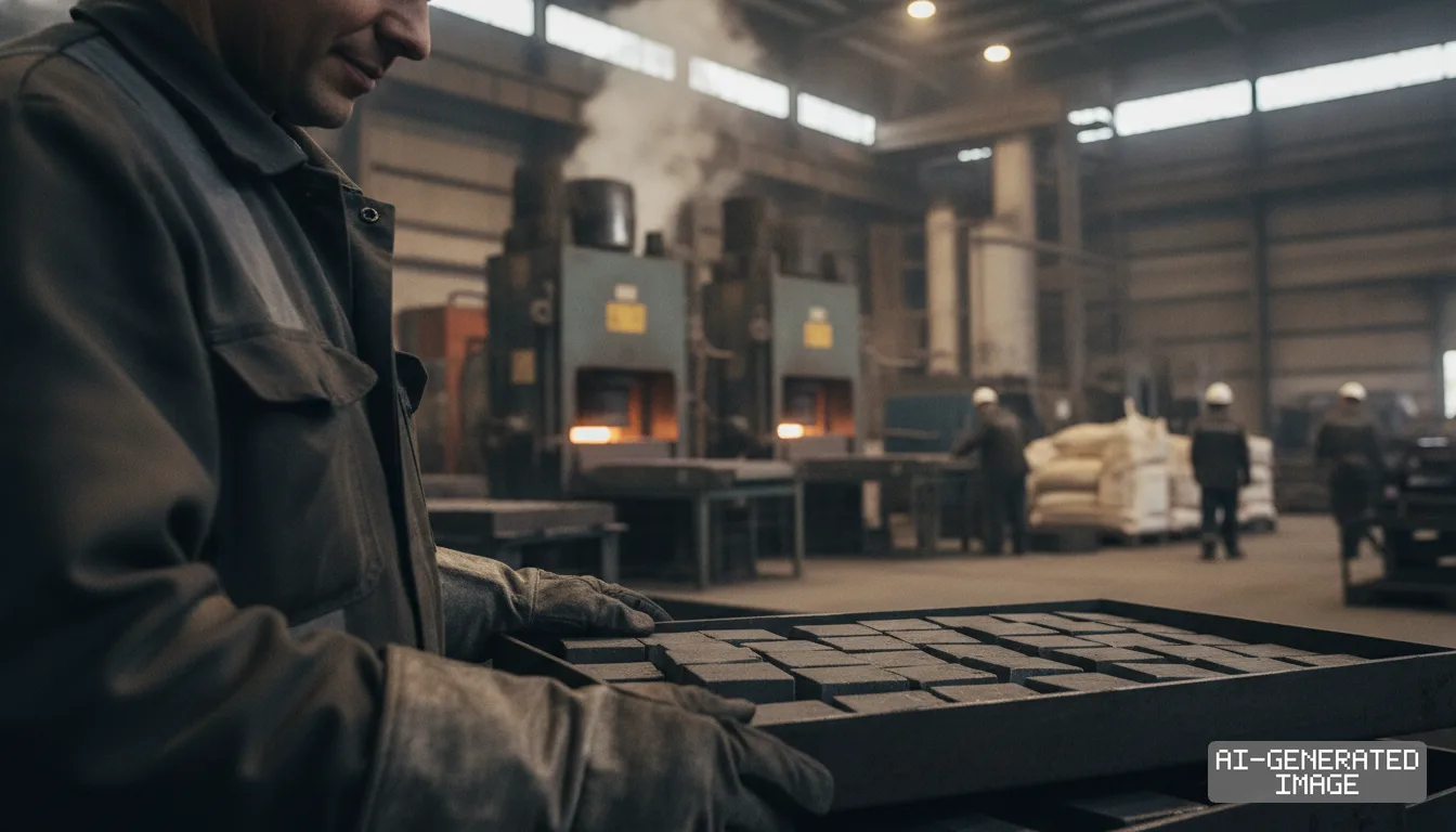 A worker holds a tray of refined metal blocks inside an industrial manufacturing plant with furnaces operating in the background. (AI-generated image)