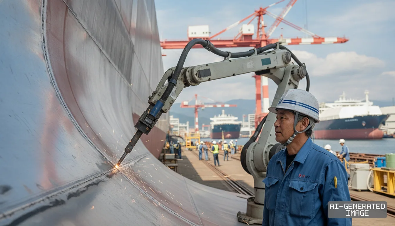 A shipyard worker monitors an automated robotic arm welding a ship hull at a Japanese shipyard. (AI-generated image)
