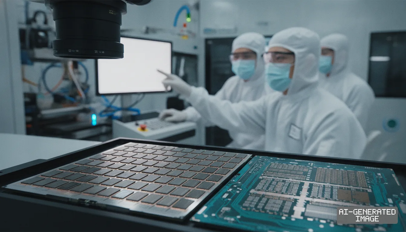 Technicians in cleanroom suits work at a computer monitor behind trays of semiconductor chips inside a fabrication facility. (AI-generated image)