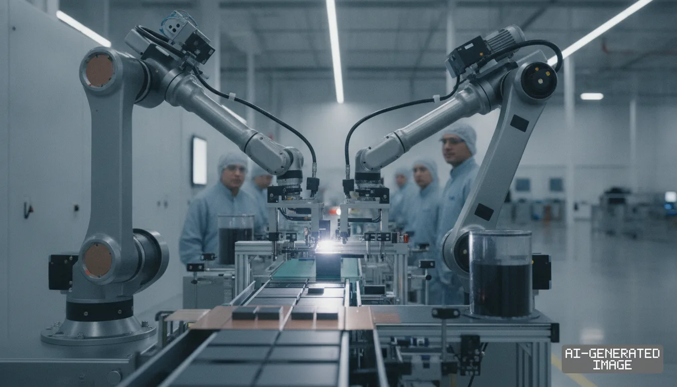 Robotic arms work on an automated conveyor line inside a battery cell manufacturing plant as technicians monitor the process. (AI-generated image)