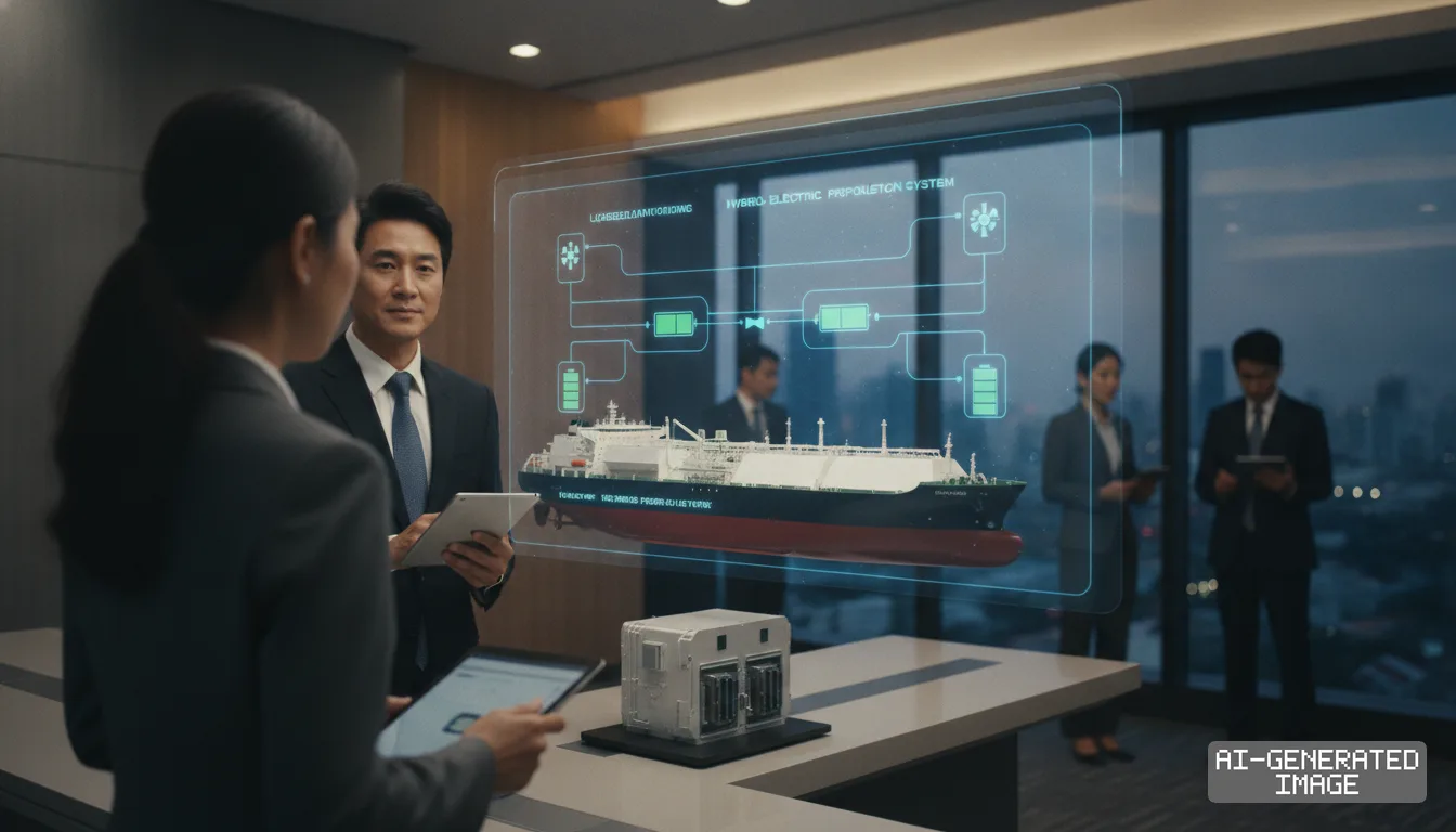 Business professionals review a holographic display showcasing a hybrid-electric LNG carrier design and its propulsion system. (AI-generated image)