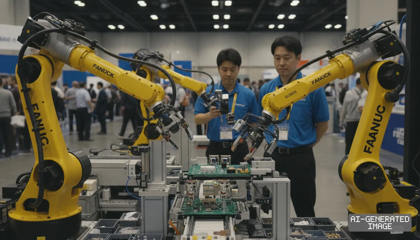 Robotic arms assemble circuit boards on a display line as engineers observe the demonstration at an industrial manufacturing show. (AI-generated image)