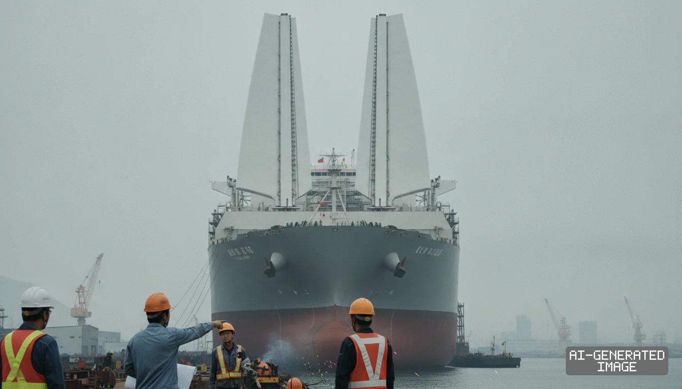 Shipyard workers observe a large vessel fitted with rigid wing sails, illustrating the shift toward wind-assisted propulsion. (AI-generated image)