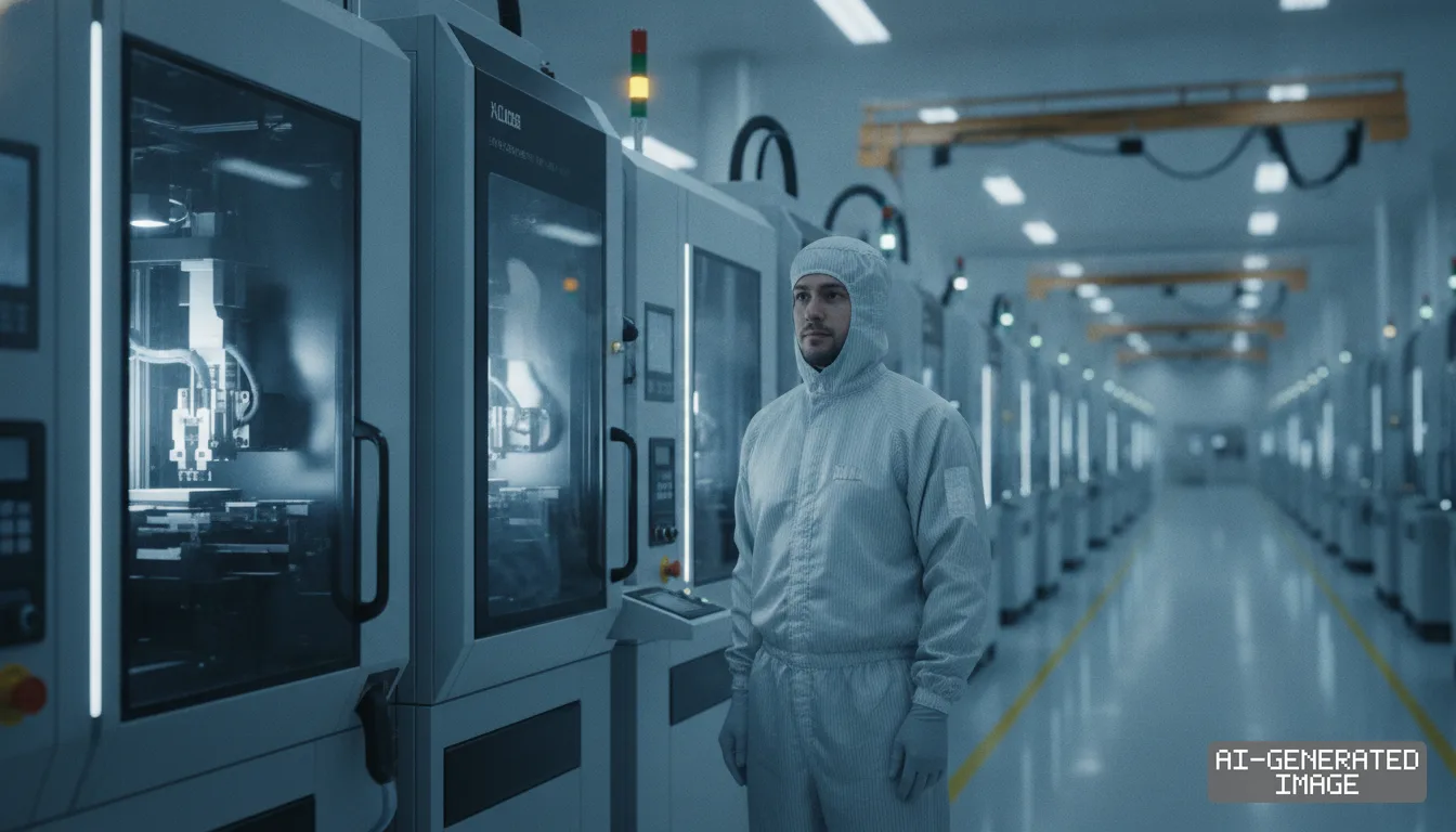 A technician in cleanroom attire stands beside automated machinery inside a modern semiconductor fabrication facility. (AI-generated image)