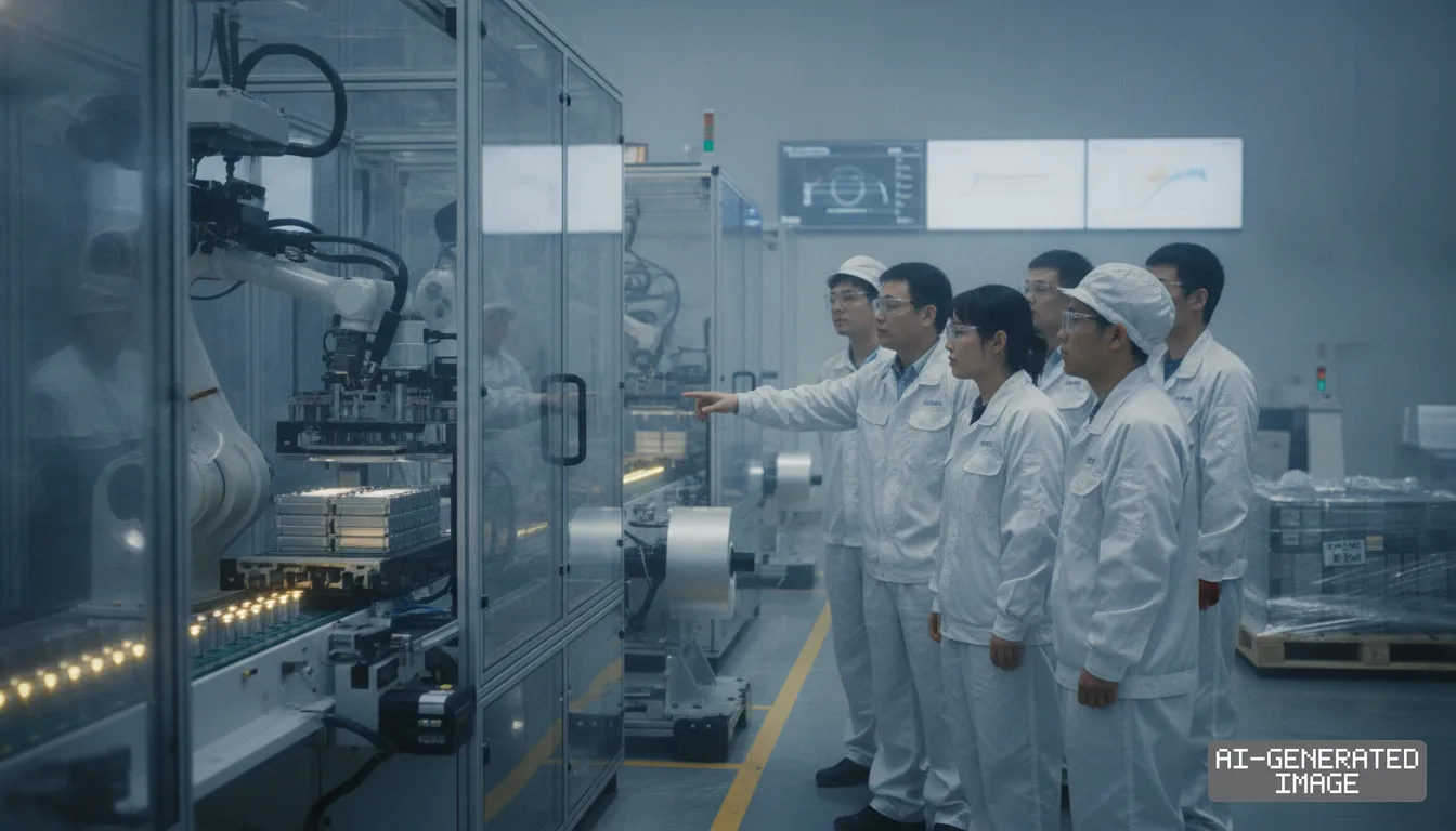 Workers in protective suits observe an automated robotic arm operating on a battery production line inside a manufacturing facility. (AI-generated image)