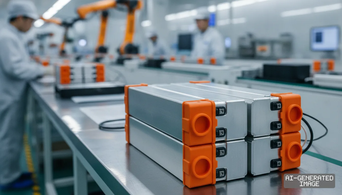 Battery cells sit on a manufacturing line while workers and robotic arms operate inside an advanced production facility. (AI-generated image)