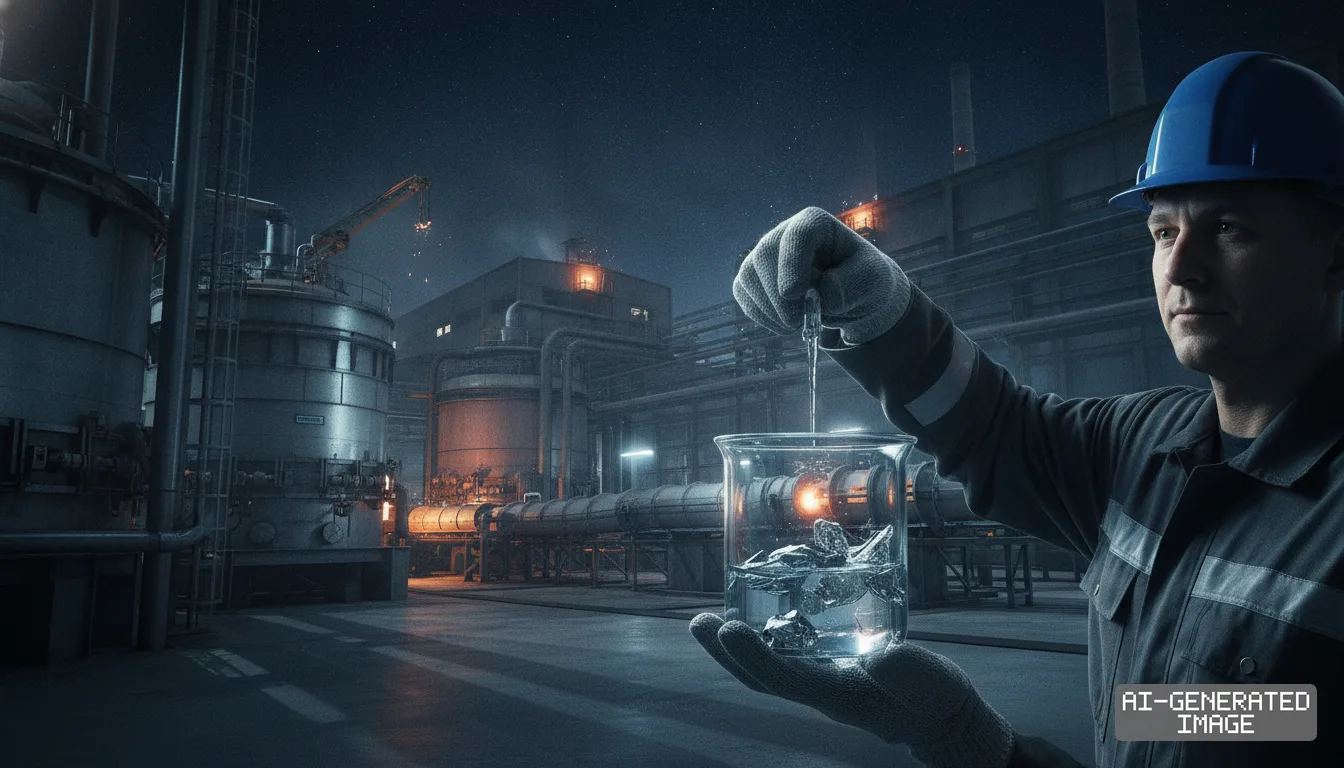 A worker wearing a blue hard hat holds a glass beaker containing metal samples at an industrial processing plant. (AI-generated image)