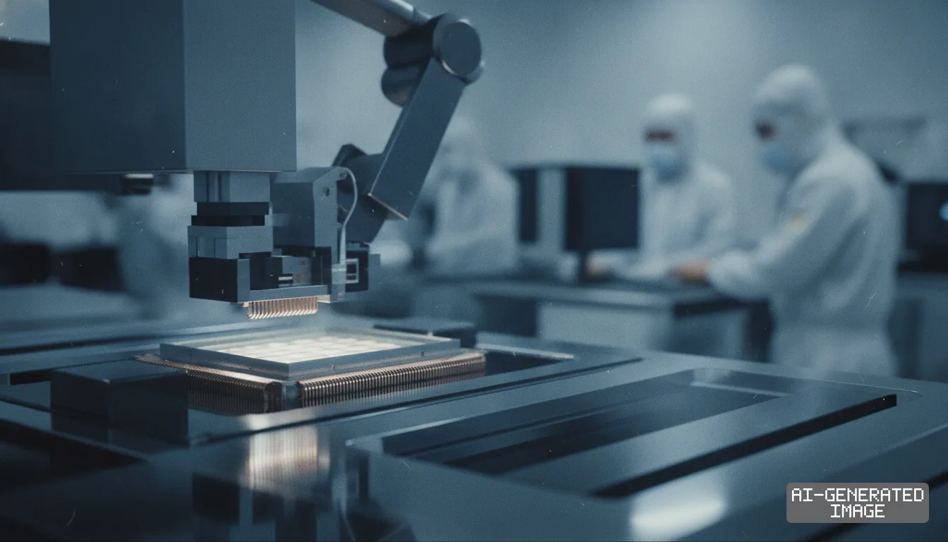 A robotic arm processes a semiconductor component inside a cleanroom while technicians in protective suits work in the background. (AI-generated image)