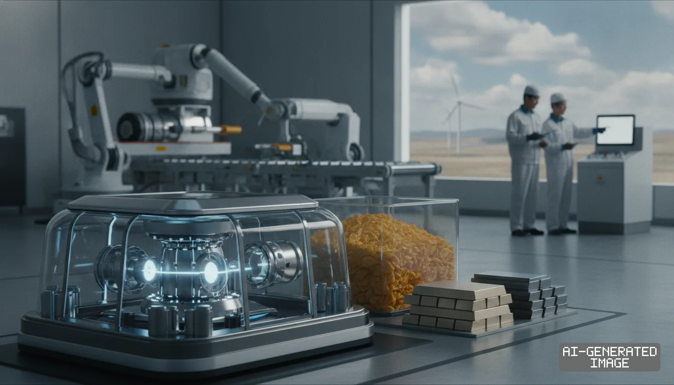 Technicians stand in an automated processing facility displaying mineral samples, metal ingots, and robotic machinery. (AI-generated image)