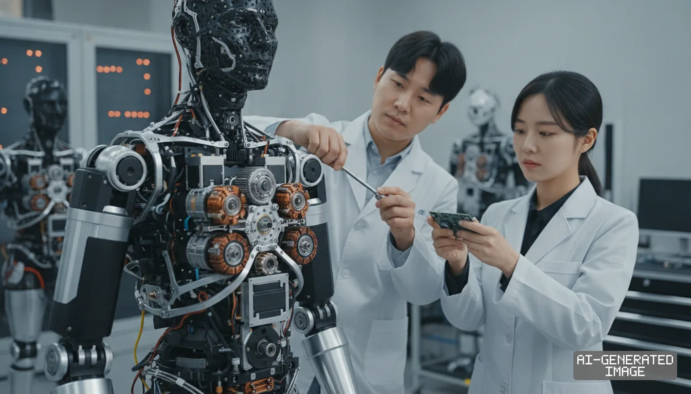 Engineers assemble and examine the motors and mechanical drivetrain components of a humanoid robot in a laboratory. (AI-generated image)