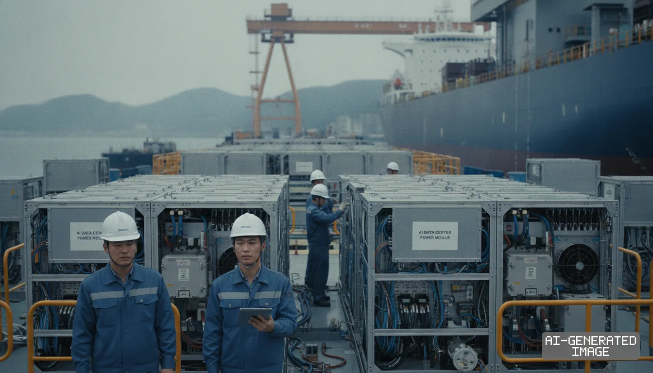 Engineers stand beside AI data center power modules in a shipyard with a large vessel and crane in the background. (AI-generated image)