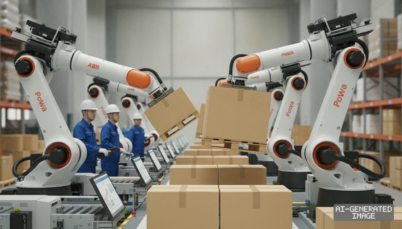 PoWa robotic arms lift cardboard boxes along a warehouse packaging line as workers in blue uniforms monitor the process. (AI-generated image)