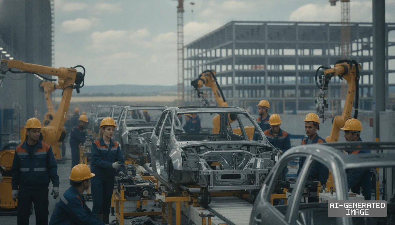 Workers in hard hats assemble vehicle frames alongside robotic arms at an automotive production facility under construction. (AI-generated image)