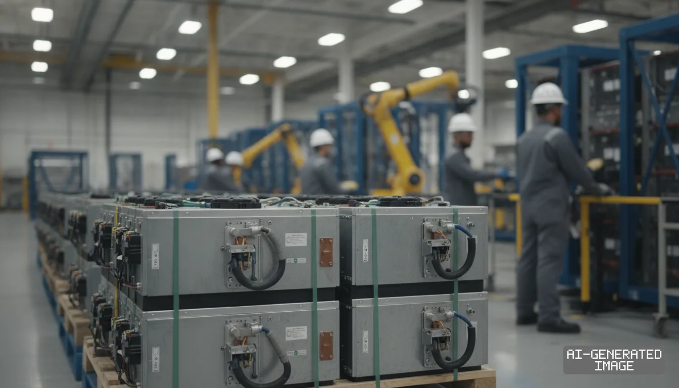 Battery modules sit stacked on pallets inside a manufacturing facility as plant workers and robotic arms operate in the background. (AI-generated image)