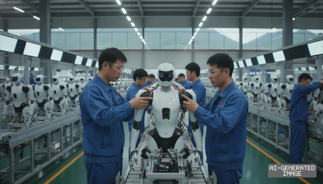 Workers assemble humanoid robots along a production line inside the UBTECH Robotics smart factory in southern China. (AI-generated image)