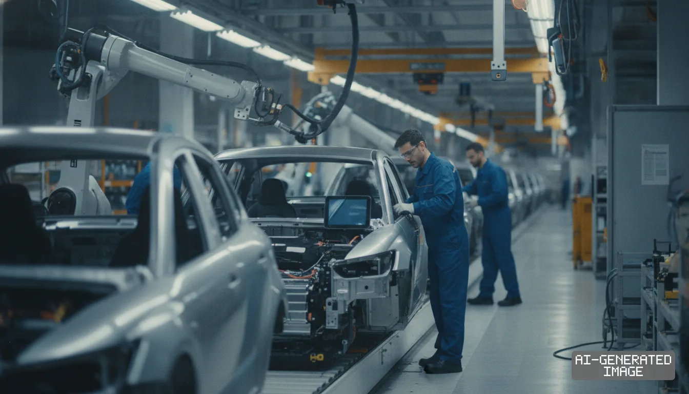 Workers assemble vehicle bodies along an automotive production line equipped with industrial robotic machinery. (AI-generated image)