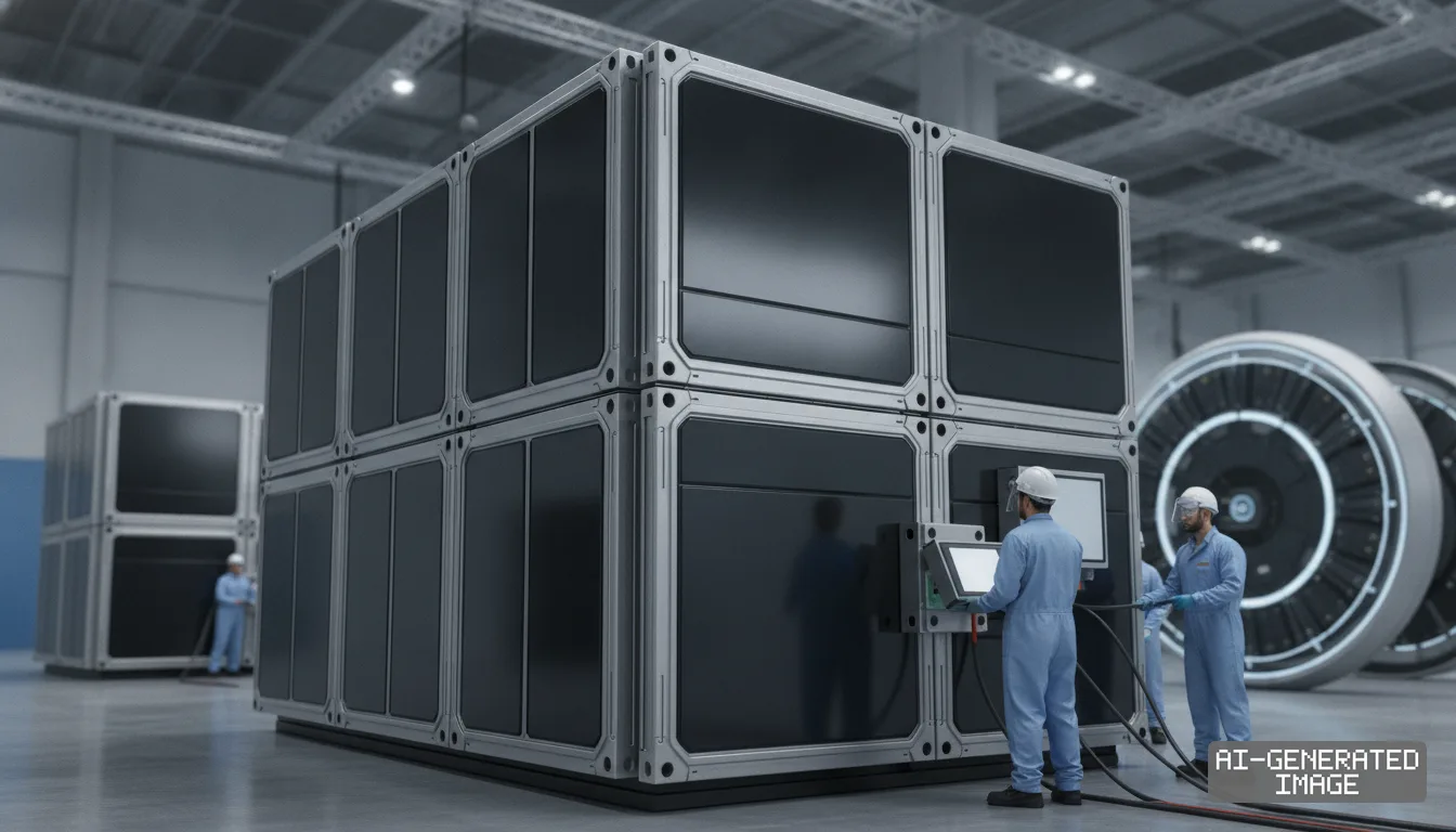 Technicians operate control panels on large modular battery energy storage blocks inside an industrial facility. (AI-generated image)