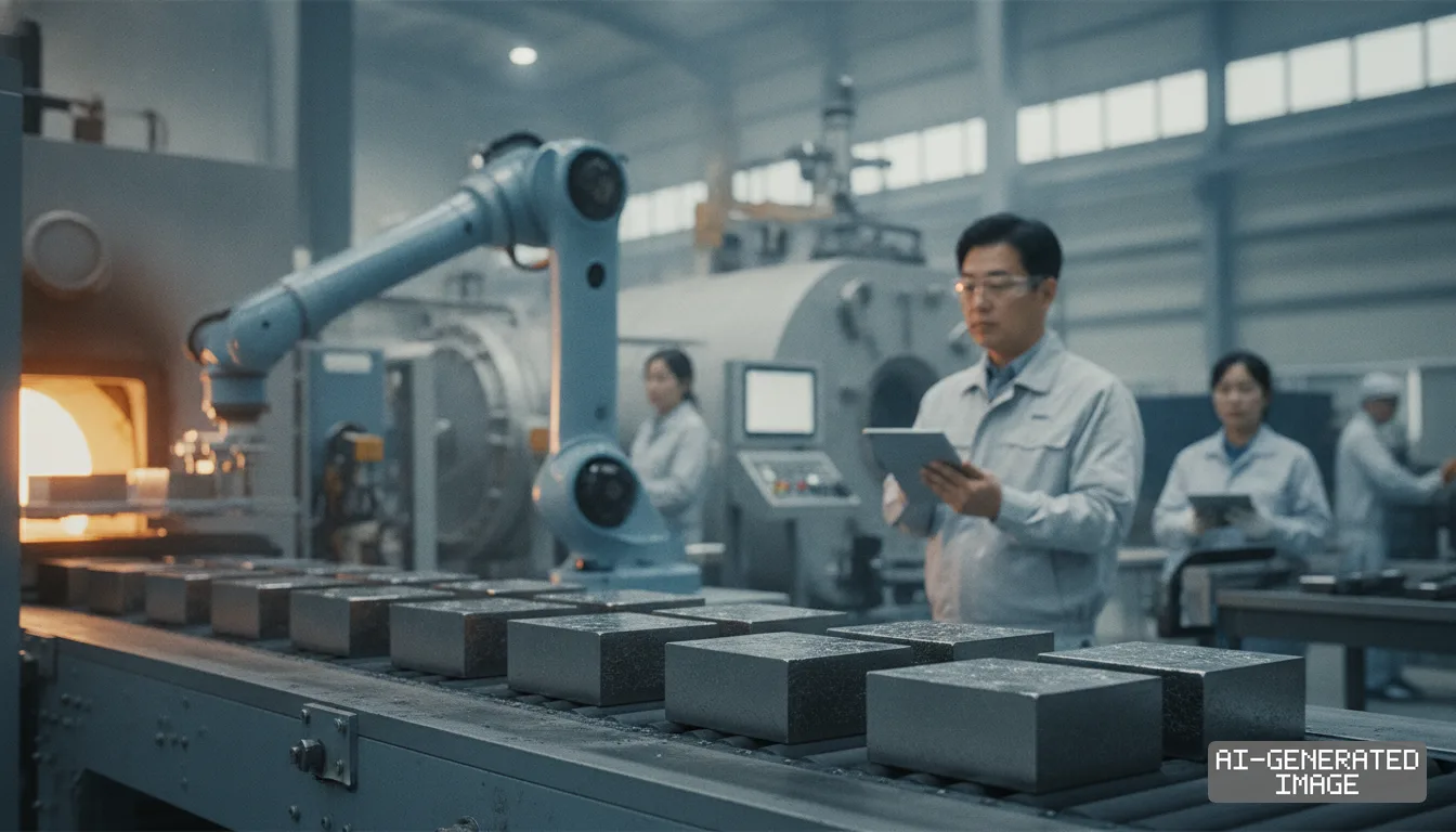 Technicians monitor magnet blocks moving along an automated conveyor line beside an industrial furnace and robotic arm. (AI-generated image)
