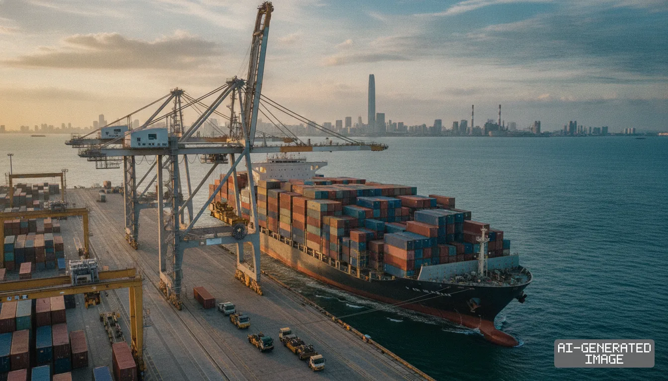 A loaded container ship sits at a seaport terminal before a city skyline as lawmakers advance trade legislation targeting foreign exports. (AI-generated image)