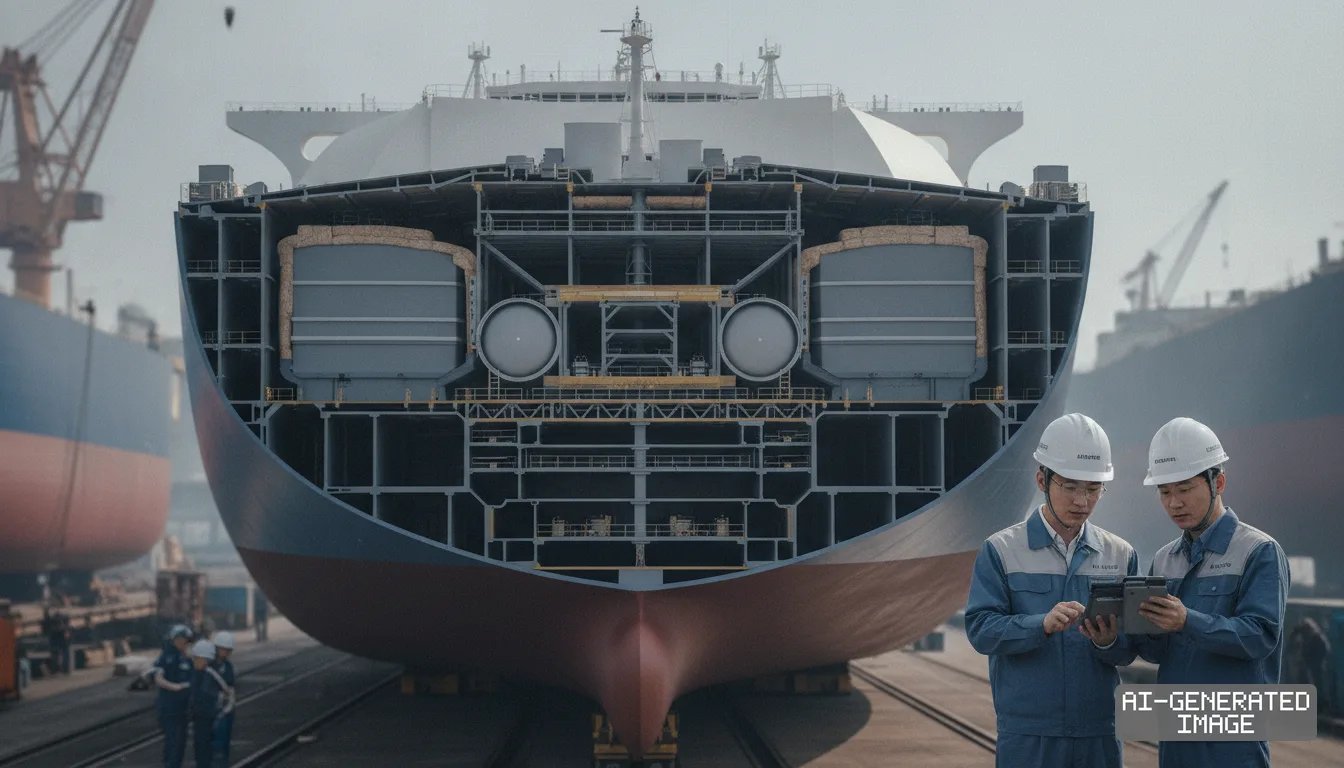 Shipyard engineers review digital plans on a tablet in front of a cross-section of a massive carrier hull. (AI-generated image)
