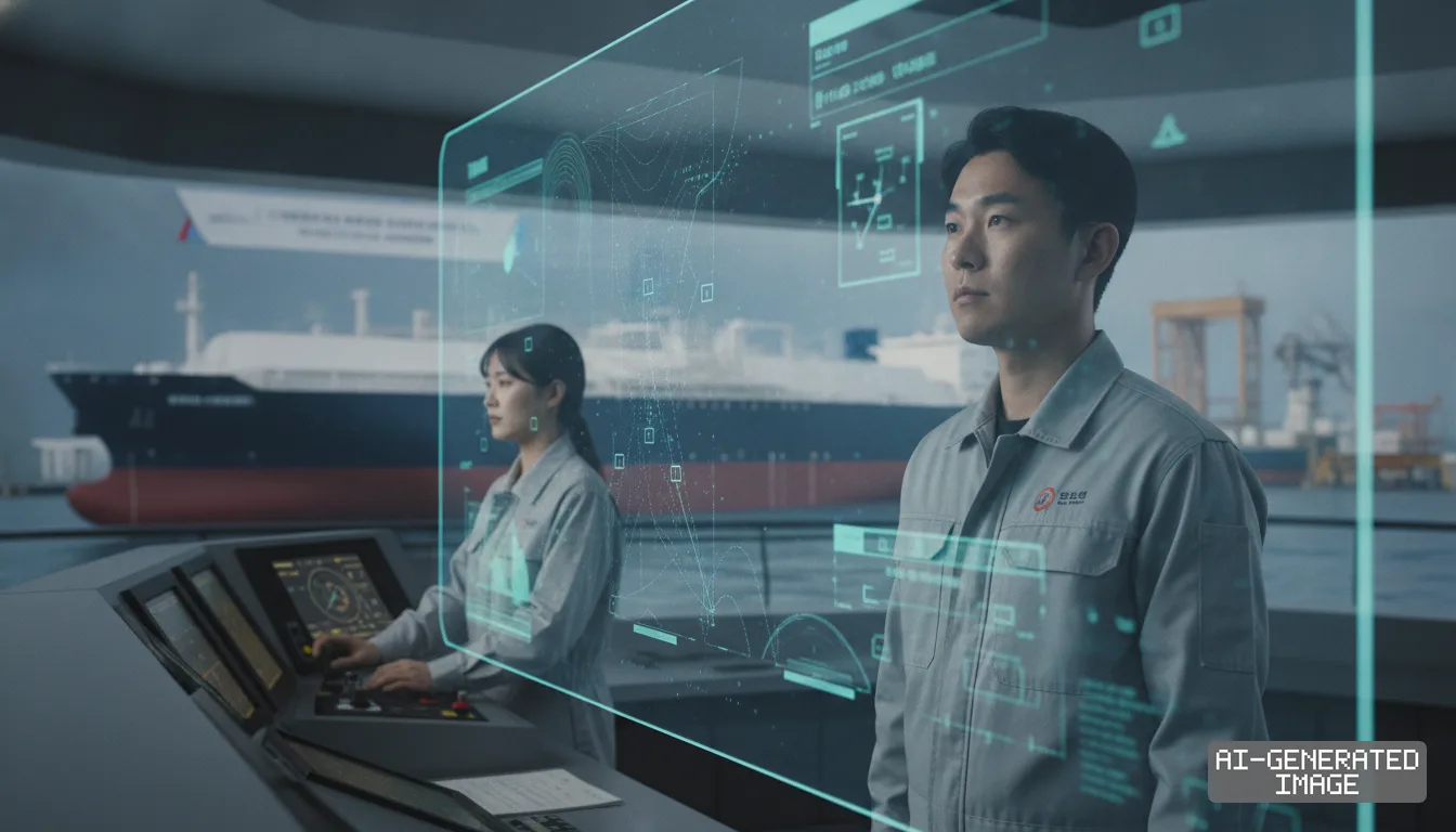 Operators monitor navigation data on a transparent digital screen inside a control station near a docked ship. (AI-generated image)