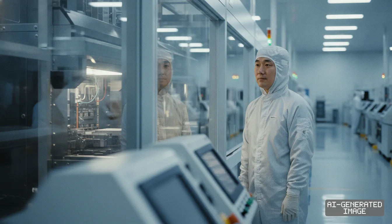 A technician in a protective cleanroom suit stands beside automated equipment inside a semiconductor manufacturing facility. (AI-generated image)