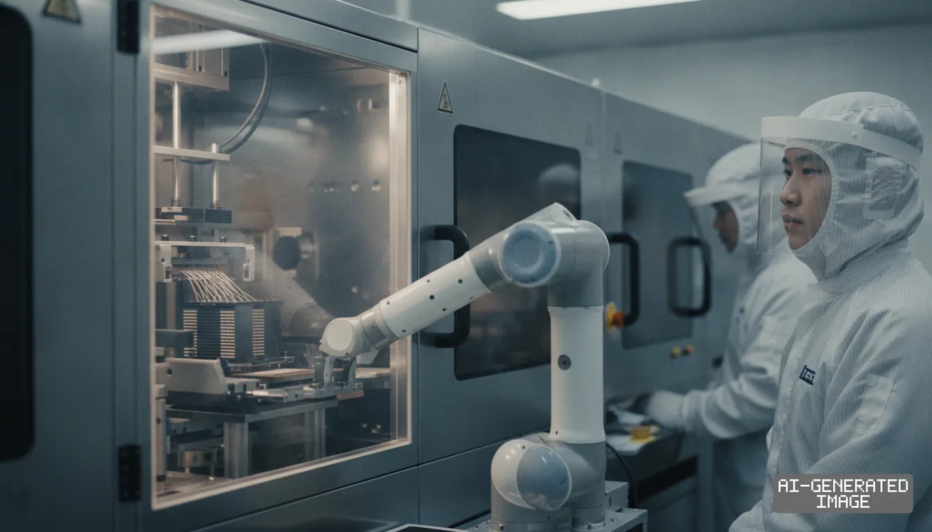 Workers in cleanroom suits monitor automated robotic equipment inside an advanced semiconductor fabrication facility. (AI-generated image)