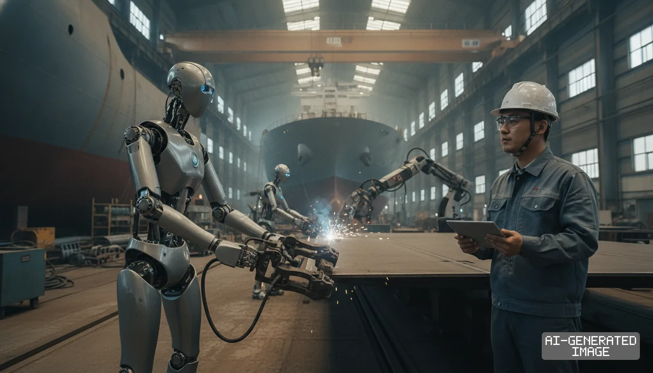 A shipyard worker holds a tablet as humanoid robots weld and handle steel plates inside a large marine fabrication facility. (AI-generated image)