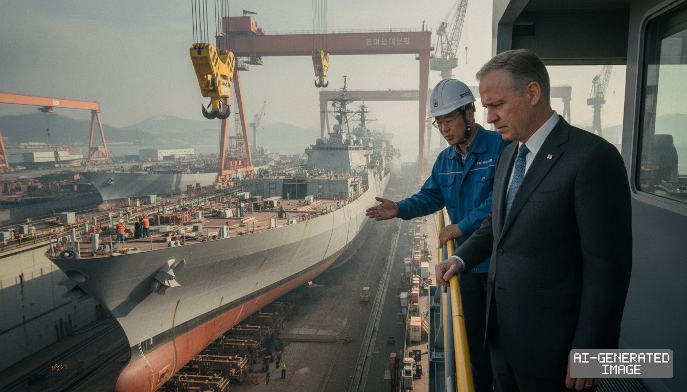 A shipyard worker gestures toward a warship under construction in a drydock as an official inspects the naval shipyard. (AI-generated image)