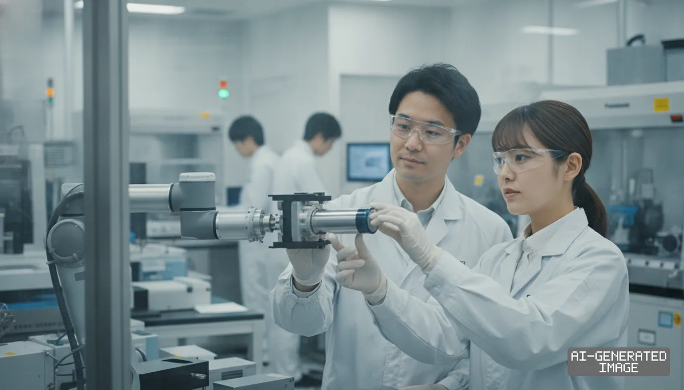 Researchers inspect a cylindrical battery cell on a robotic arm inside a laboratory at Panasonic Energy's research hub. (AI-generated image)