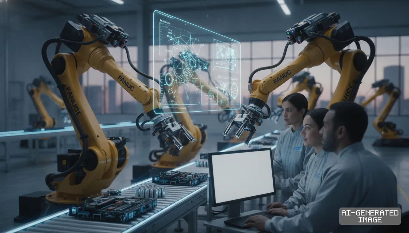 Engineers monitor articulated FANUC industrial robots working along an automated assembly line in a manufacturing facility. (AI-generated image)