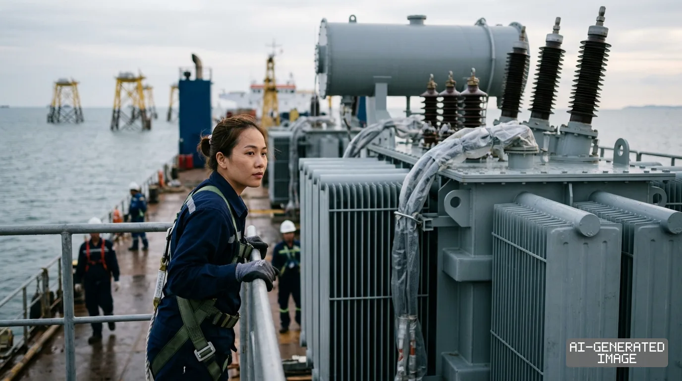 A worker stands beside a large power transformer on a vessel transporting equipment for Poland's Baltica 2 wind project. (AI-generated image)
