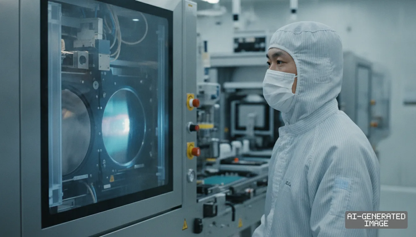 A worker in cleanroom attire monitors semiconductor manufacturing equipment inside a chip fabrication facility. (AI-generated image)