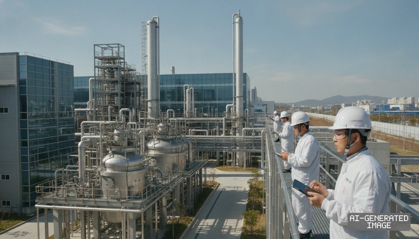 Engineers in protective gear inspect Tokyo Ohka Kogyo's new semiconductor chemical manufacturing plant in Pyeongtaek, South Korea. (AI-generated image)