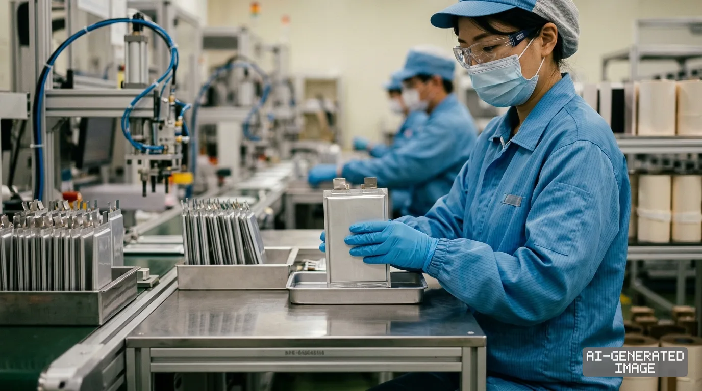 Factory workers wearing masks and protective gear handle battery cells along an industrial assembly line. (AI-generated image)