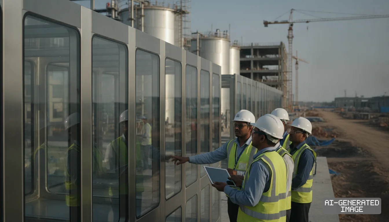 Engineers wearing hard hats and safety vests inspect equipment at an industrial facility construction site in India. (AI-generated image)