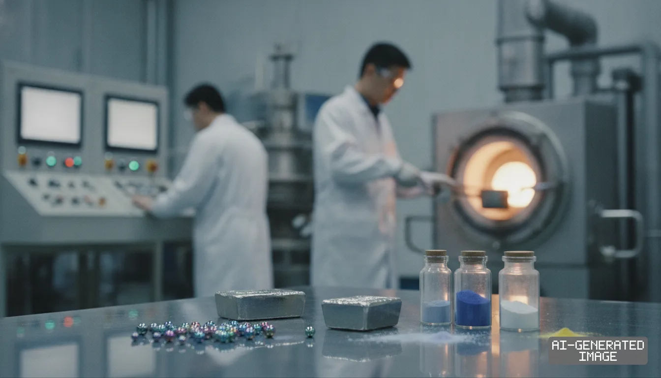 Rare earth metal ingots, pellets, and powder samples sit on a table as laboratory technicians operate equipment in the background. (AI-generated image)