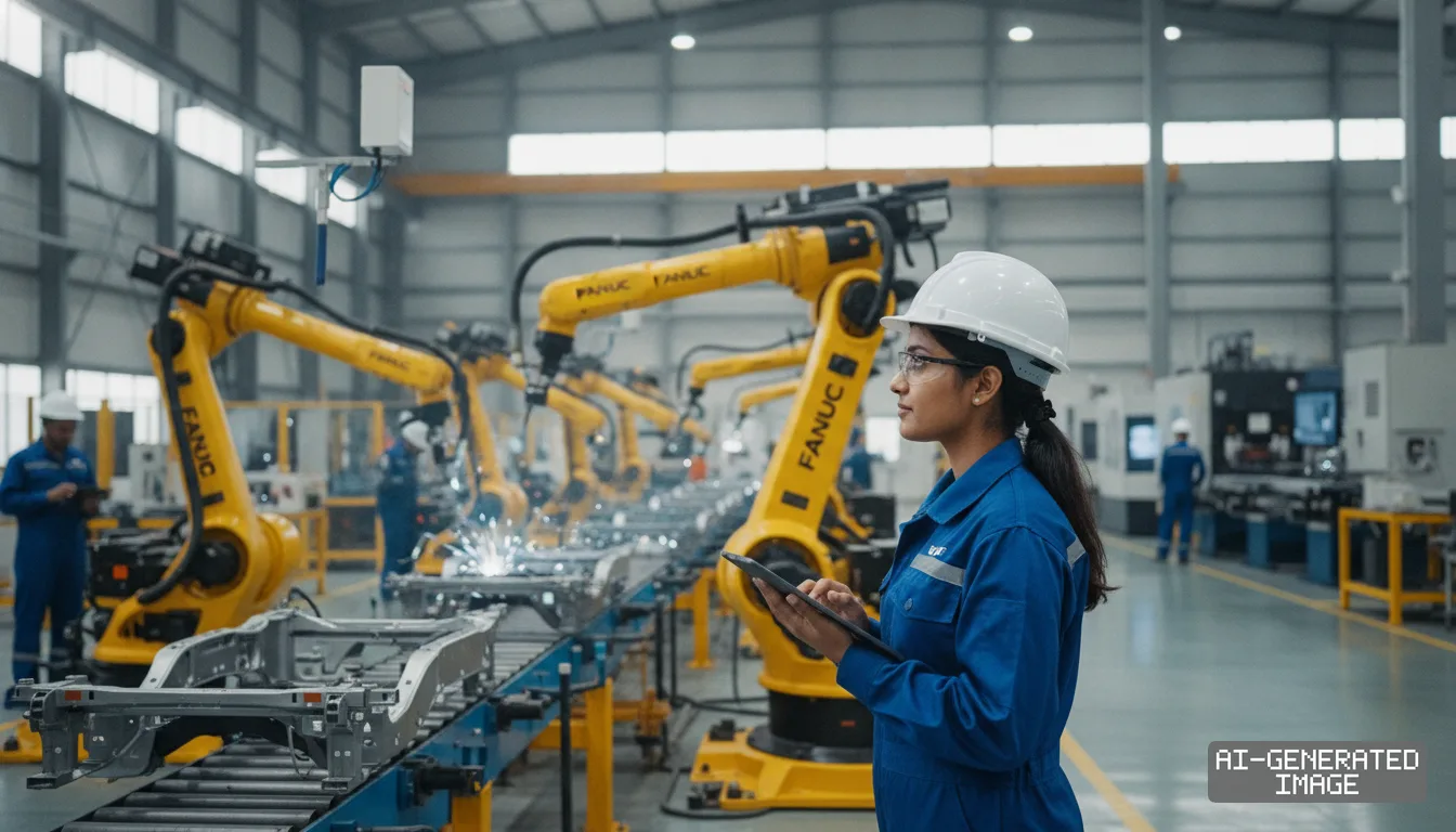 An engineer holds a tablet beside FANUC robotic arms assembling automotive frames along a factory production line. (AI-generated image)