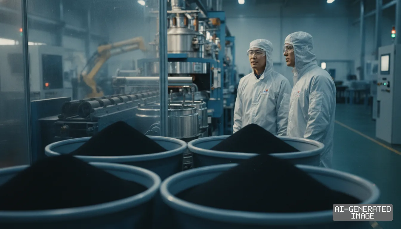 Technicians in protective suits stand beside bins of black battery cathode material along an automated industrial production line. (AI-generated image)