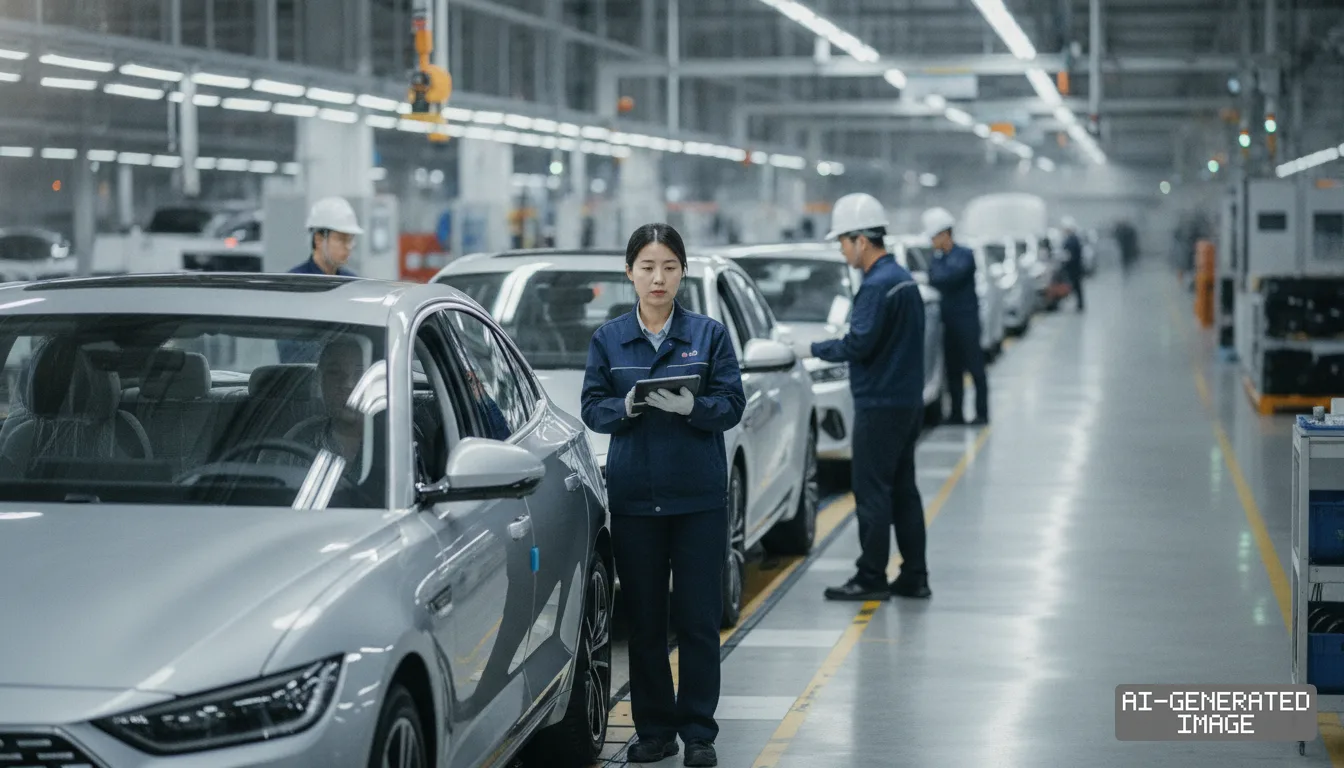 A worker uses a digital tablet to inspect newly assembled cars along an automotive factory production line. (AI-generated image)