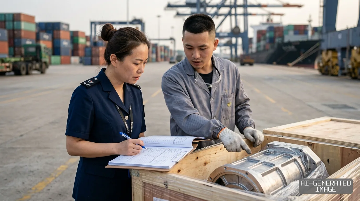 An official reviews export documentation alongside a worker examining industrial equipment inside a wooden crate at a container terminal. (AI-generated image)