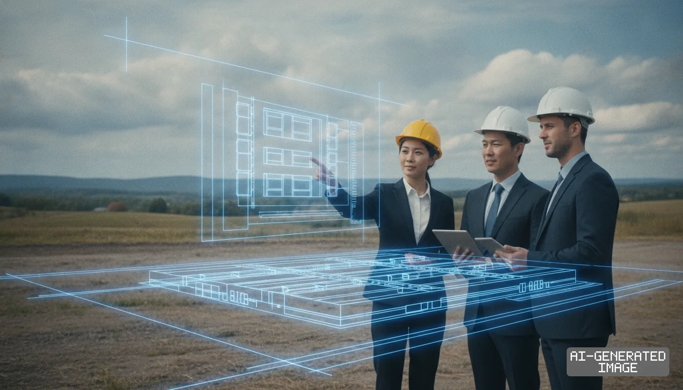 Professionals in hard hats examine a holographic blueprint in an open field while evaluating a prospective site for a semiconductor facility. (AI-generated image)