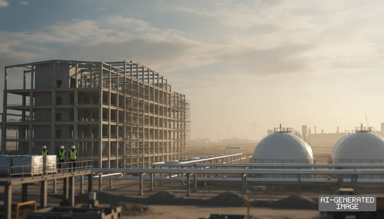 Workers observe construction at a manufacturing facility featuring pipeline infrastructure, spherical storage tanks, and a large building frame. (AI-generated image)