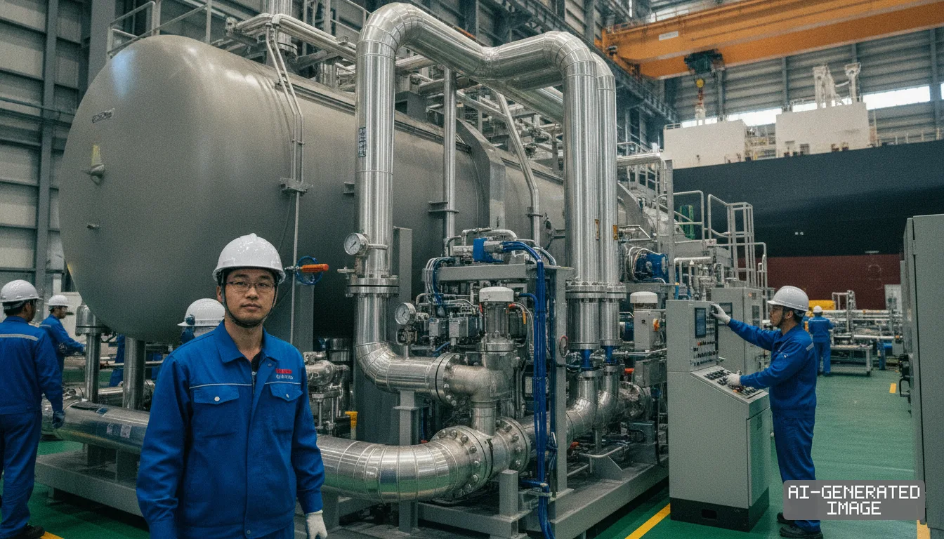 Workers in protective uniforms monitor a fuel gas supply system and storage tank inside a shipbuilding facility. (AI-generated image)