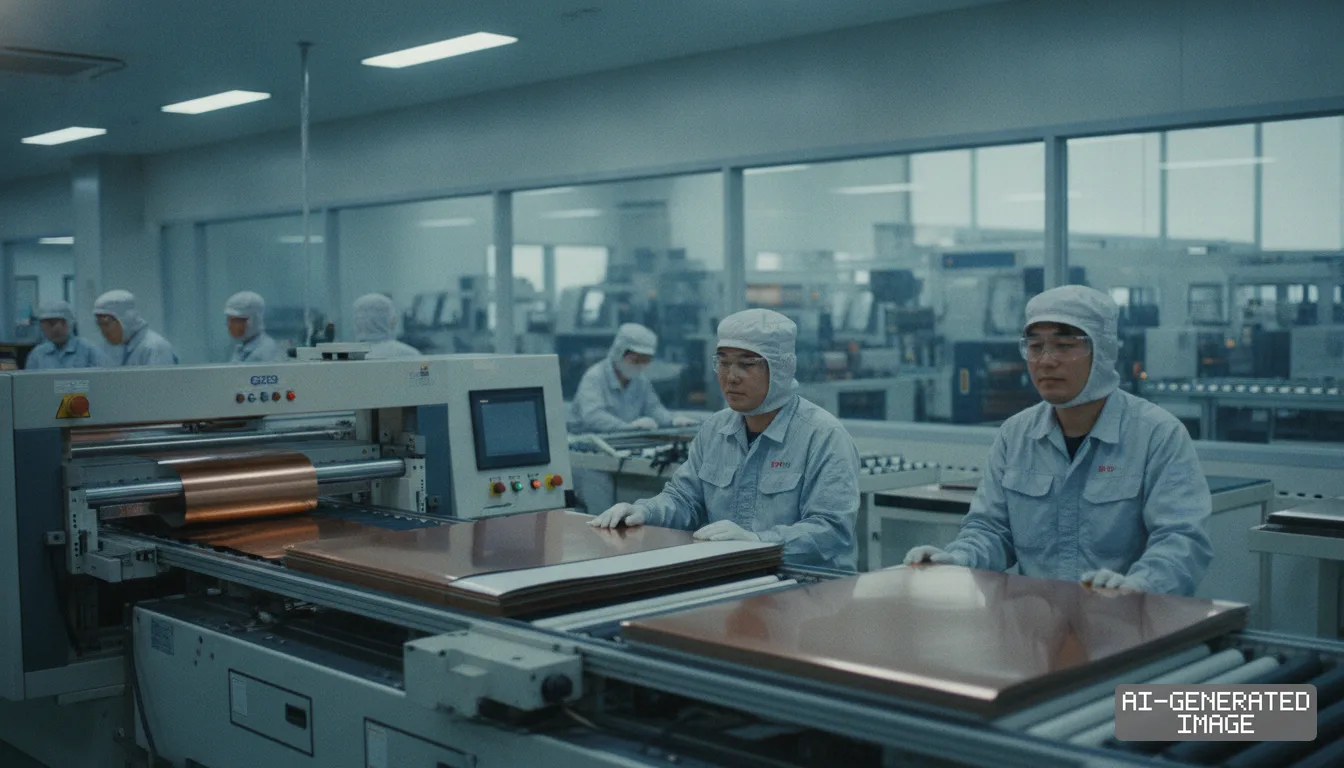 Workers handle copper clad laminate sheets along an automated production line inside an electronic materials manufacturing facility. (AI-generated image)
