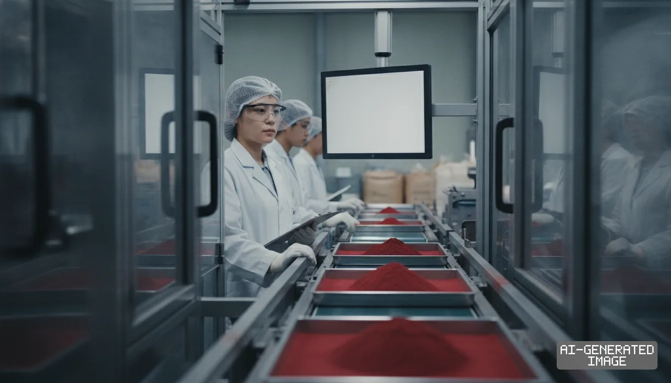 Factory workers in protective gear inspect trays of battery cathode materials moving along a production conveyor line. (AI-generated image)