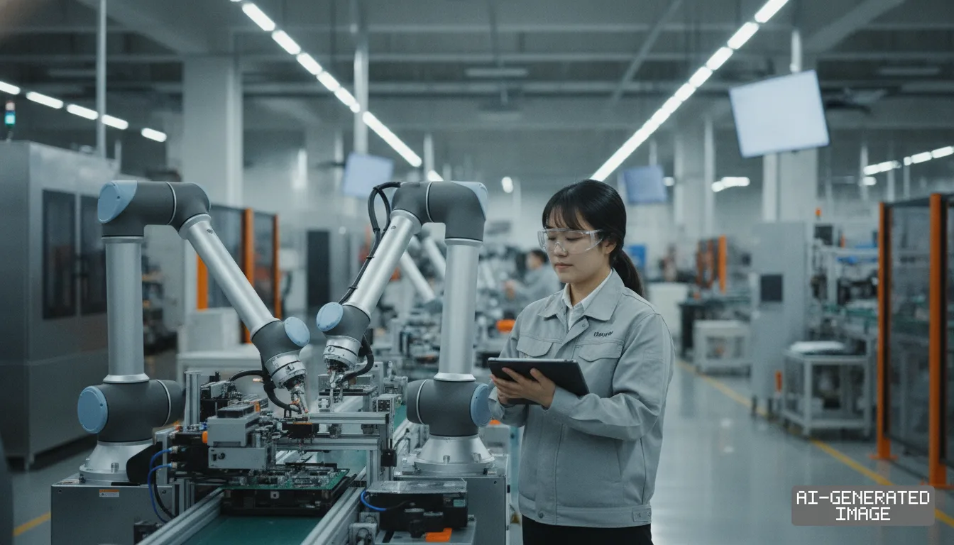 A technician uses a digital tablet to monitor collaborative robotic arms assembling circuit boards on a factory production line. (AI-generated image)